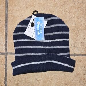 Navy, White, & Gray- Striped- Beanie- Unisex- One Size